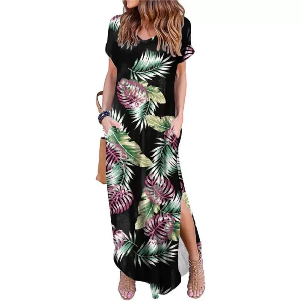 Arolina Womens Summer Maxi Dress Short Sleeve V Neck Casual Loose Long Beach Split Dresses with PocketsPurple Green Leave