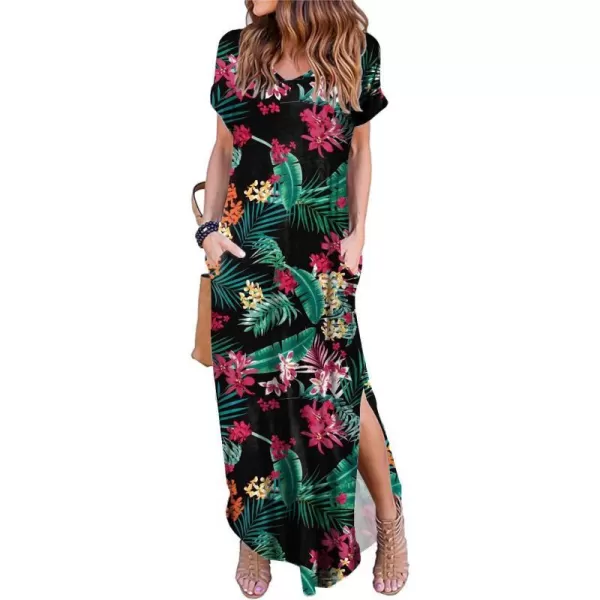 Arolina Womens Summer Maxi Dress Short Sleeve V Neck Casual Loose Long Beach Split Dresses with PocketsRed Flower Green