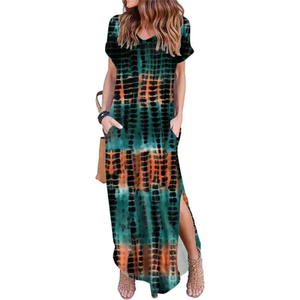 Arolina Womens Summer Maxi Dress Short Sleeve V Neck Casual Loose Long Beach Split Dresses with PocketsTie Dye Cyan