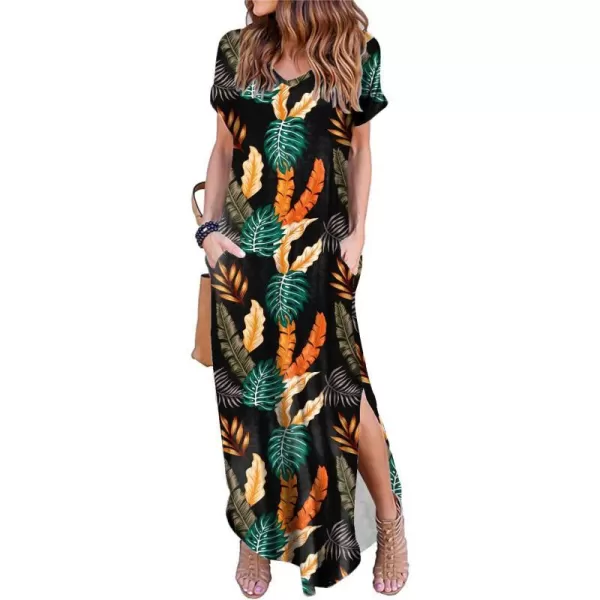 Arolina Womens Summer Maxi Dress Short Sleeve V Neck Casual Loose Long Beach Split Dresses with PocketsTropical Leave