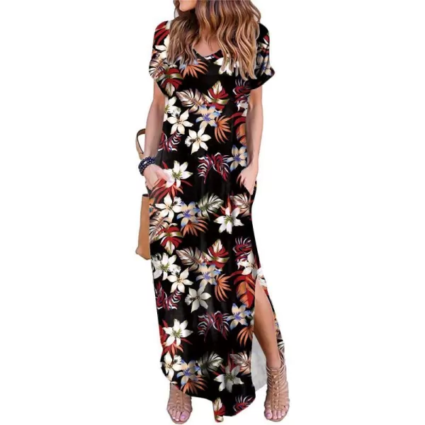 Arolina Womens Summer Maxi Dress Short Sleeve V Neck Casual Loose Long Beach Split Dresses with PocketsWhite Flower Black