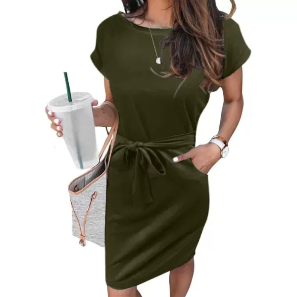 Arolina Womens Summer Short Sleeve Striped T Shirt Dress Casual Midi Dresses Crewneck Tie Waist with PocketsArmy Green