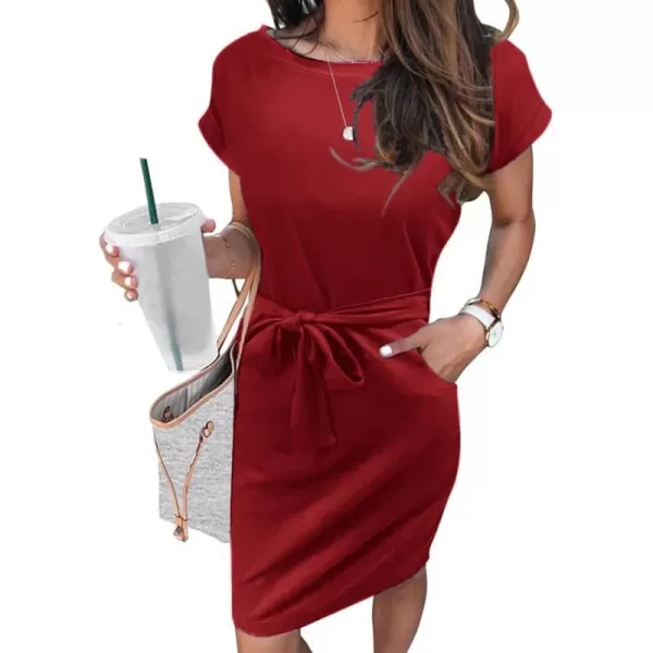 Arolina Womens Summer Short Sleeve Striped T Shirt Dress Casual Midi Dresses Crewneck Tie Waist with PocketsRed