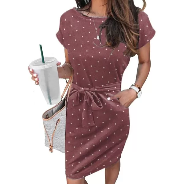 Arolina Womens Summer Short Sleeve Striped T Shirt Dress Casual Midi Dresses Crewneck Tie Waist with PocketsRed Polka Dots