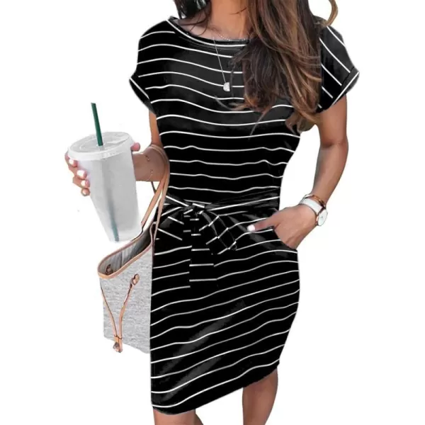 Arolina Womens Summer Short Sleeve Striped T Shirt Dress Casual Midi Dresses Crewneck Tie Waist with PocketsStripe 08
