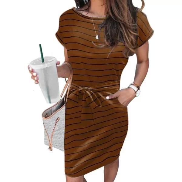 Arolina Womens Summer Short Sleeve Striped T Shirt Dress Casual Midi Dresses Crewneck Tie Waist with PocketsStripe 11