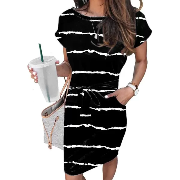 Arolina Womens Summer Short Sleeve Striped T Shirt Dress Casual Midi Dresses Crewneck Tie Waist with PocketsStripe 13