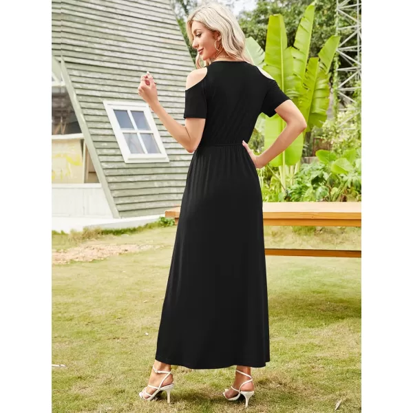 Arolina Cold Shoulder Maxi Dress for Women Summer V Neck Short Sleeve Casual Long Beach Dresses with PocketA Black