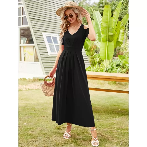 Arolina Cold Shoulder Maxi Dress for Women Summer V Neck Short Sleeve Casual Long Beach Dresses with PocketA Black