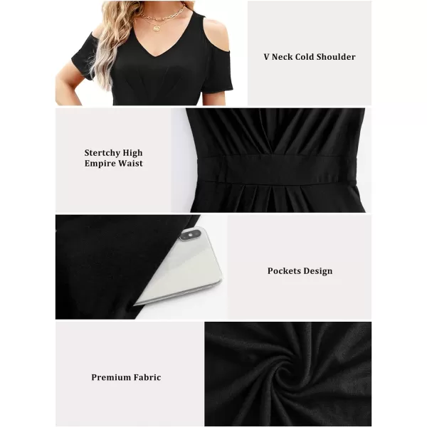 Arolina Cold Shoulder Maxi Dress for Women Summer V Neck Short Sleeve Casual Long Beach Dresses with PocketA Black