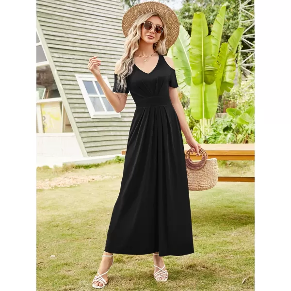 Arolina Cold Shoulder Maxi Dress for Women Summer V Neck Short Sleeve Casual Long Beach Dresses with PocketA Black