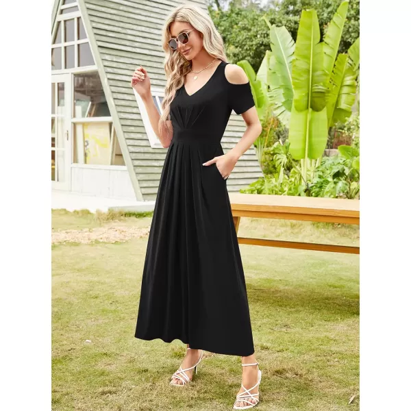 Arolina Cold Shoulder Maxi Dress for Women Summer V Neck Short Sleeve Casual Long Beach Dresses with PocketA Black