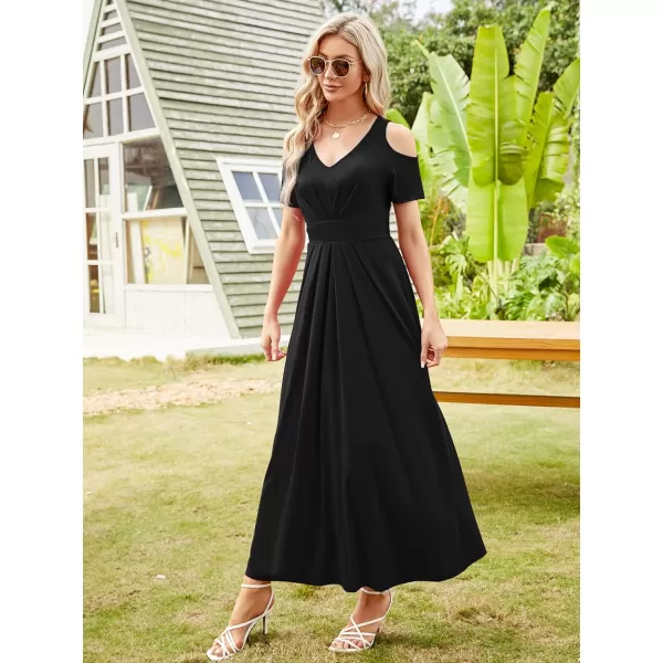 Arolina Cold Shoulder Maxi Dress for Women Summer V Neck Short Sleeve Casual Long Beach Dresses with PocketA Black