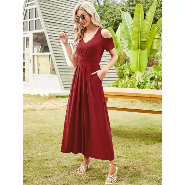 Arolina Cold Shoulder Maxi Dress for Women Summer V Neck Short Sleeve Casual Long Beach Dresses with PocketA Winered