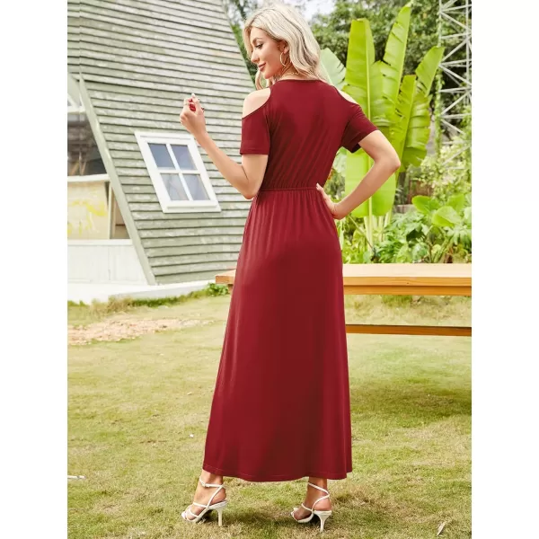 Arolina Cold Shoulder Maxi Dress for Women Summer V Neck Short Sleeve Casual Long Beach Dresses with PocketA Winered