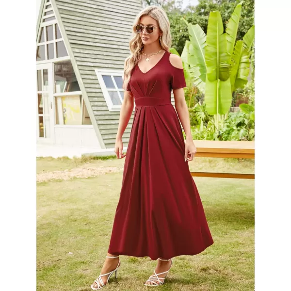 Arolina Cold Shoulder Maxi Dress for Women Summer V Neck Short Sleeve Casual Long Beach Dresses with PocketA Winered