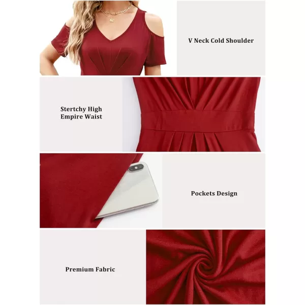 Arolina Cold Shoulder Maxi Dress for Women Summer V Neck Short Sleeve Casual Long Beach Dresses with PocketA Winered