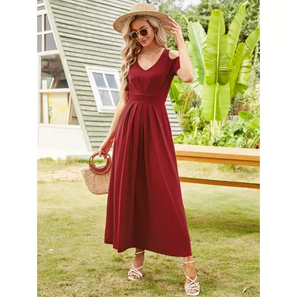 Arolina Cold Shoulder Maxi Dress for Women Summer V Neck Short Sleeve Casual Long Beach Dresses with PocketA Winered