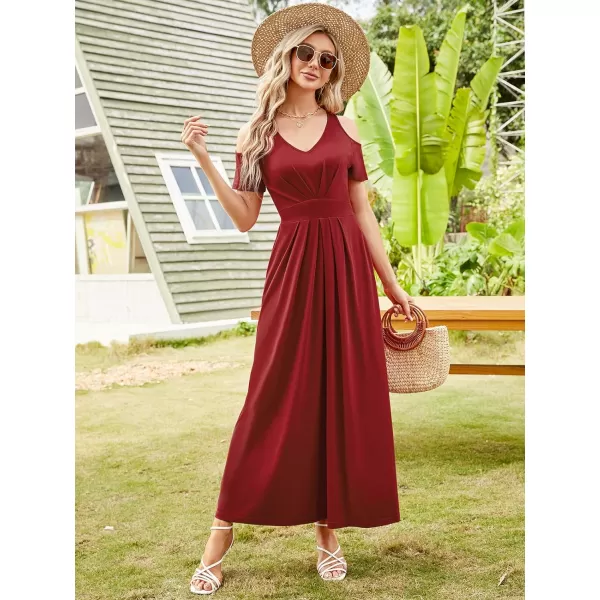 Arolina Cold Shoulder Maxi Dress for Women Summer V Neck Short Sleeve Casual Long Beach Dresses with PocketA Winered