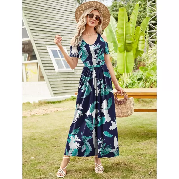 Arolina Cold Shoulder Maxi Dress for Women Summer V Neck Short Sleeve Casual Long Beach Dresses with PocketB Bluewhiteleaves