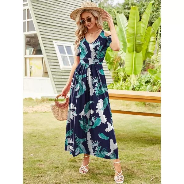 Arolina Cold Shoulder Maxi Dress for Women Summer V Neck Short Sleeve Casual Long Beach Dresses with PocketB Bluewhiteleaves