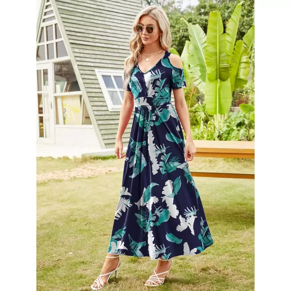 Arolina Cold Shoulder Maxi Dress for Women Summer V Neck Short Sleeve Casual Long Beach Dresses with PocketB Bluewhiteleaves