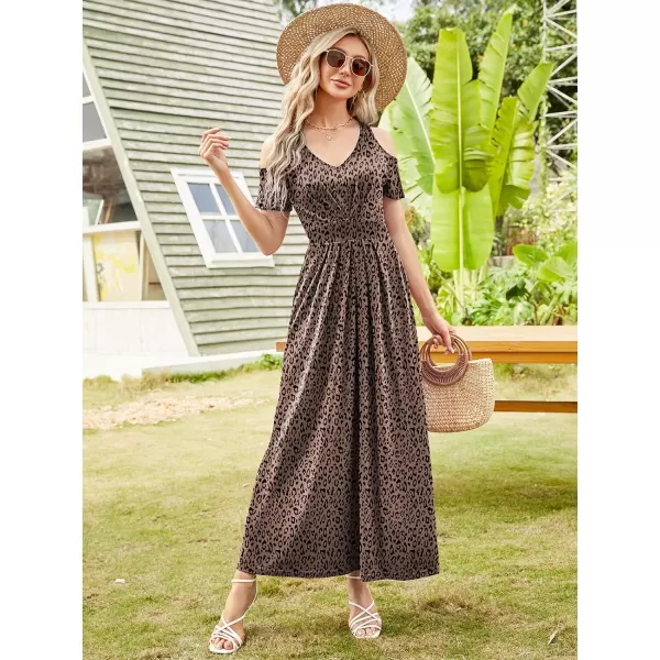 Arolina Cold Shoulder Maxi Dress for Women Summer V Neck Short Sleeve Casual Long Beach Dresses with PocketB Khakileopard