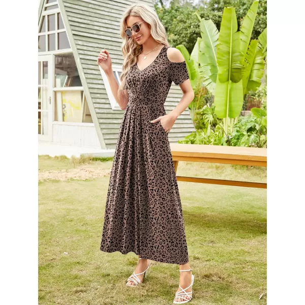 Arolina Cold Shoulder Maxi Dress for Women Summer V Neck Short Sleeve Casual Long Beach Dresses with PocketB Khakileopard