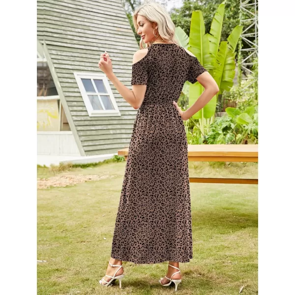 Arolina Cold Shoulder Maxi Dress for Women Summer V Neck Short Sleeve Casual Long Beach Dresses with PocketB Khakileopard