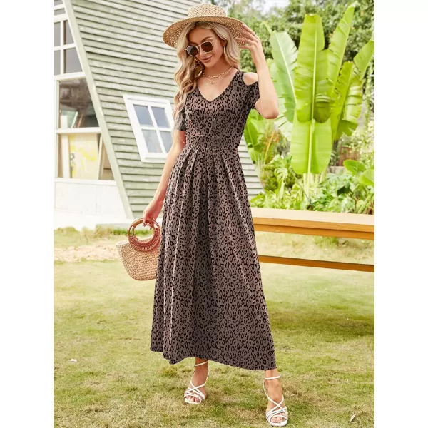 Arolina Cold Shoulder Maxi Dress for Women Summer V Neck Short Sleeve Casual Long Beach Dresses with PocketB Khakileopard