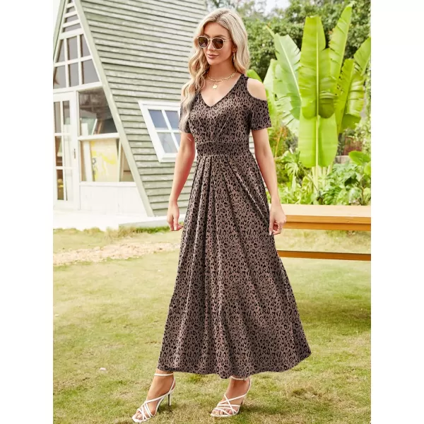 Arolina Cold Shoulder Maxi Dress for Women Summer V Neck Short Sleeve Casual Long Beach Dresses with PocketB Khakileopard