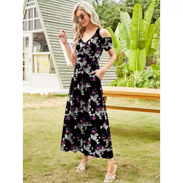 Arolina Cold Shoulder Maxi Dress for Women Summer V Neck Short Sleeve Casual Long Beach Dresses with PocketB Redwhiteflowers