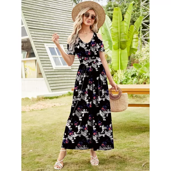 Arolina Cold Shoulder Maxi Dress for Women Summer V Neck Short Sleeve Casual Long Beach Dresses with PocketB Redwhiteflowers