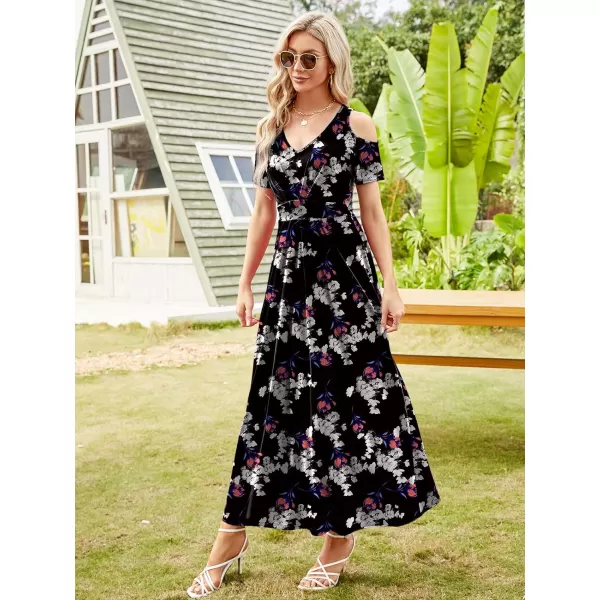 Arolina Cold Shoulder Maxi Dress for Women Summer V Neck Short Sleeve Casual Long Beach Dresses with PocketB Redwhiteflowers