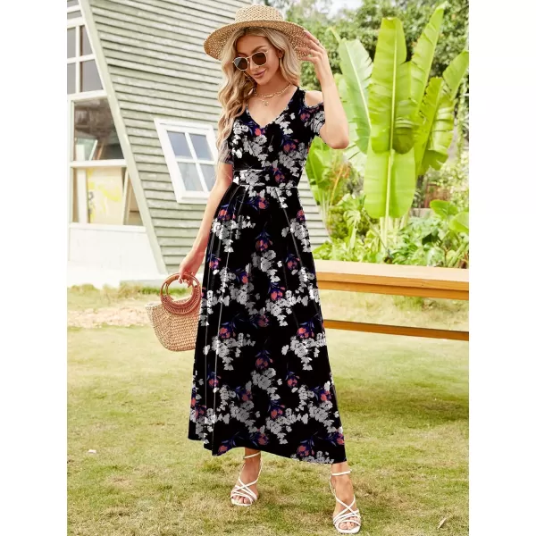 Arolina Cold Shoulder Maxi Dress for Women Summer V Neck Short Sleeve Casual Long Beach Dresses with PocketB Redwhiteflowers