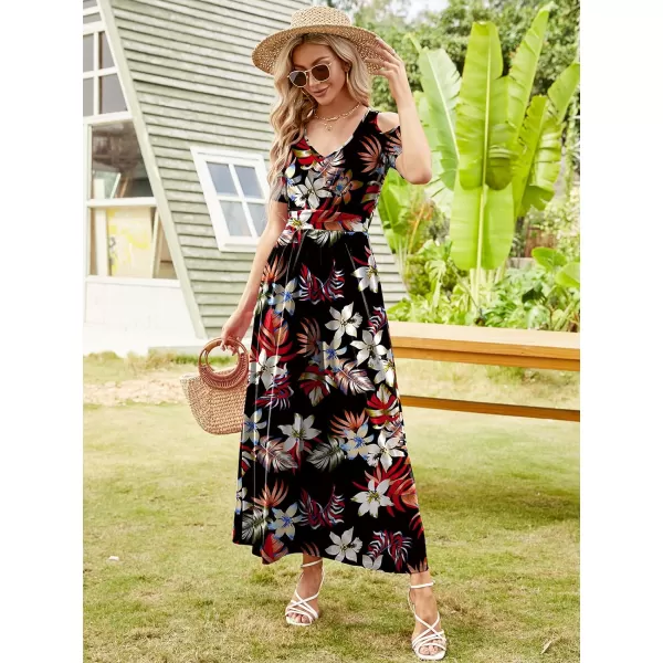 Arolina Cold Shoulder Maxi Dress for Women Summer V Neck Short Sleeve Casual Long Beach Dresses with PocketB Whiteflower