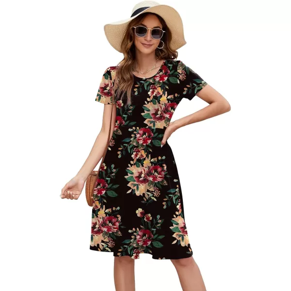 Arolina Womens Casual Loose Short Sleeve Dresses Empire Waist Knee Length Dress with Pockets 2024 Summer TShirt DressBrown Flower Black