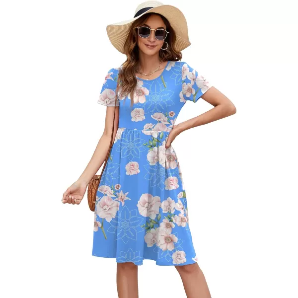 Arolina Womens Casual Loose Short Sleeve Dresses Empire Waist Knee Length Dress with Pockets 2024 Summer TShirt DressPink Flower Blue