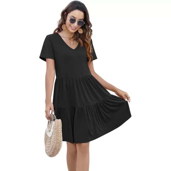 Arolina Womens Casual Swing Shift Dress Summer V Neck Short Sleeve Babydoll Ruffle Dress Tunic DressA Black