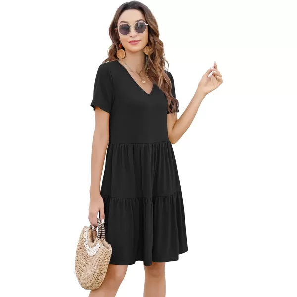 Arolina Womens Casual Swing Shift Dress Summer V Neck Short Sleeve Babydoll Ruffle Dress Tunic DressA Black