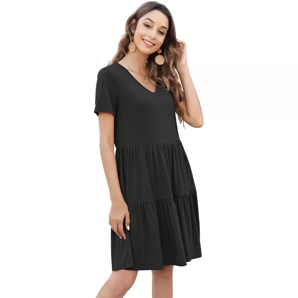 Arolina Womens Casual Swing Shift Dress Summer V Neck Short Sleeve Babydoll Ruffle Dress Tunic DressA Black