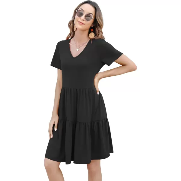 Arolina Womens Casual Swing Shift Dress Summer V Neck Short Sleeve Babydoll Ruffle Dress Tunic DressA Black