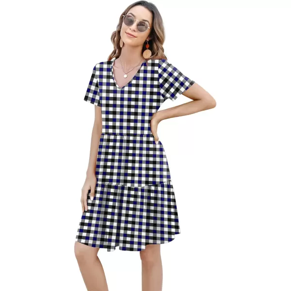 Arolina Womens Casual Swing Shift Dress Summer V Neck Short Sleeve Babydoll Ruffle Dress Tunic DressA Black Blue Plaid