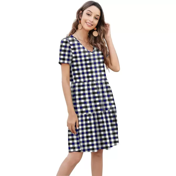 Arolina Womens Casual Swing Shift Dress Summer V Neck Short Sleeve Babydoll Ruffle Dress Tunic DressA Black Blue Plaid