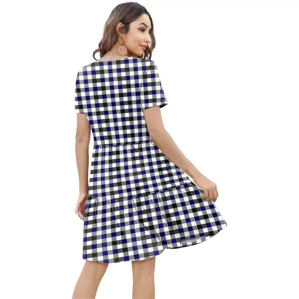 Arolina Womens Casual Swing Shift Dress Summer V Neck Short Sleeve Babydoll Ruffle Dress Tunic DressA Black Blue Plaid