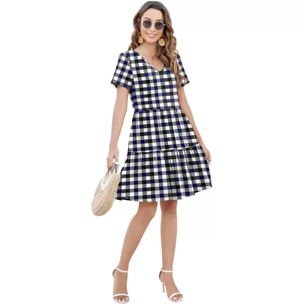 Arolina Womens Casual Swing Shift Dress Summer V Neck Short Sleeve Babydoll Ruffle Dress Tunic DressA Black Blue Plaid