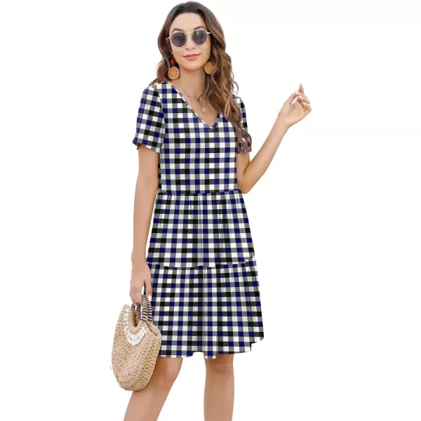 Arolina Womens Casual Swing Shift Dress Summer V Neck Short Sleeve Babydoll Ruffle Dress Tunic DressA Black Blue Plaid