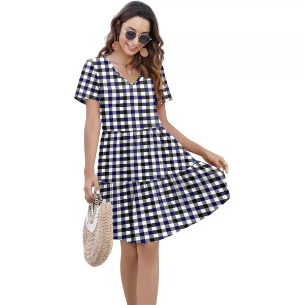 Arolina Womens Casual Swing Shift Dress Summer V Neck Short Sleeve Babydoll Ruffle Dress Tunic DressA Black Blue Plaid