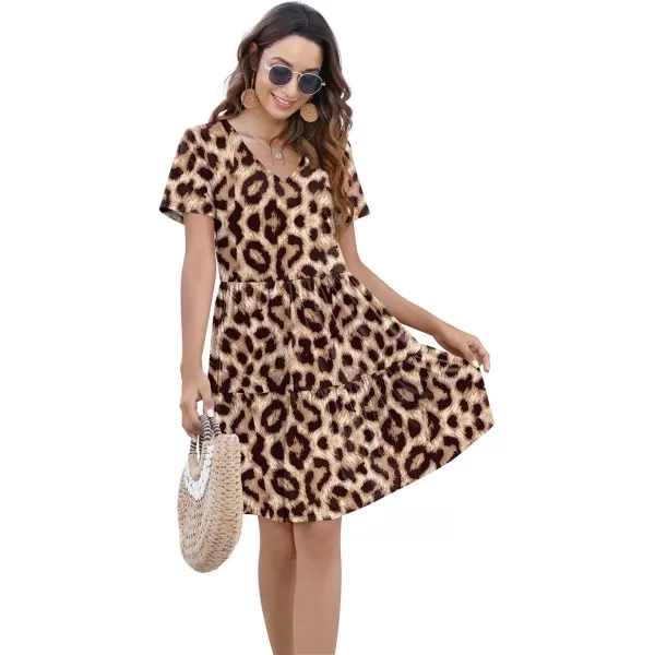 Arolina Womens Casual Swing Shift Dress Summer V Neck Short Sleeve Babydoll Ruffle Dress Tunic DressA Brown Leopard