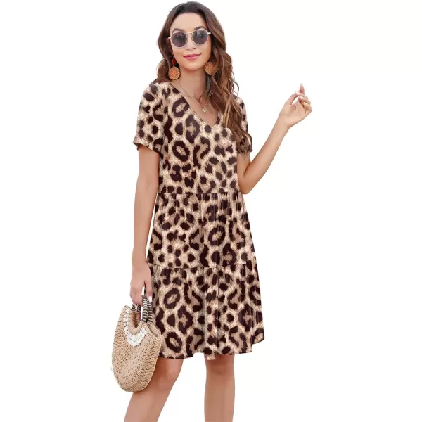 Arolina Womens Casual Swing Shift Dress Summer V Neck Short Sleeve Babydoll Ruffle Dress Tunic DressA Brown Leopard